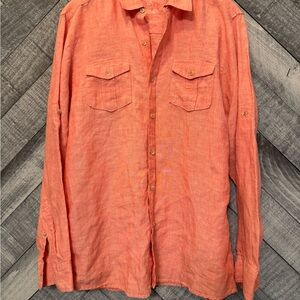 Islander 100% Linen Vibrant Orange Casual Button Down Shirt Resort Beach Comfy
